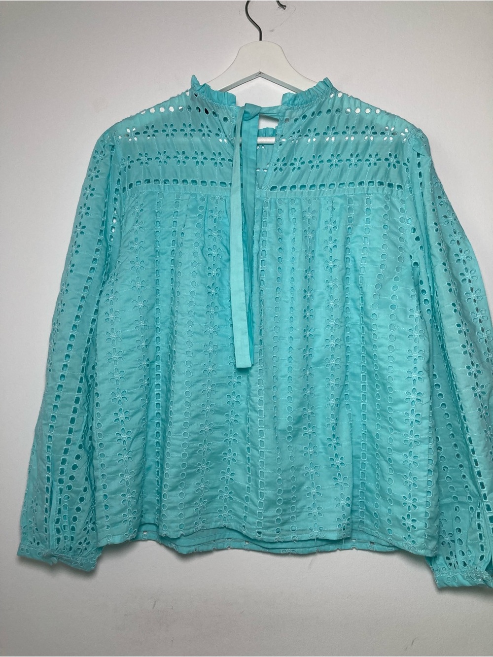 J. Crew Eyelet Lace Blouse Top Aqua Blue M High Neck Long Puff Sleeve Cotton - Picture 3 of 10